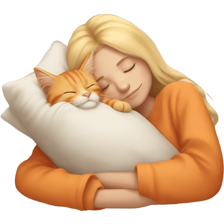 Blonde girl sleeping with her orange maine coon  emoji