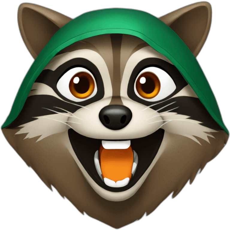 brown raccoon with orange eyes and a dark green hood that is laughing emoji