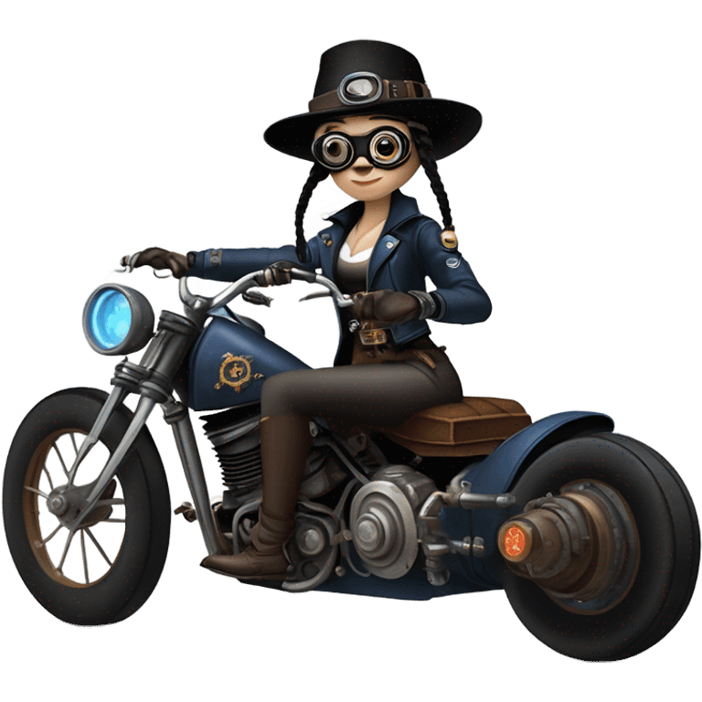 Bounty hunter Wednesday Addams Jedi wearing a pair of navy-blue rimmed steampunk goggles, hat, leather chaps, fringe jacket riding a relaxed sci-fi 3 wheeled steampunk rat rod motorcycle with large fenders and saddlebags in desert town  emoji