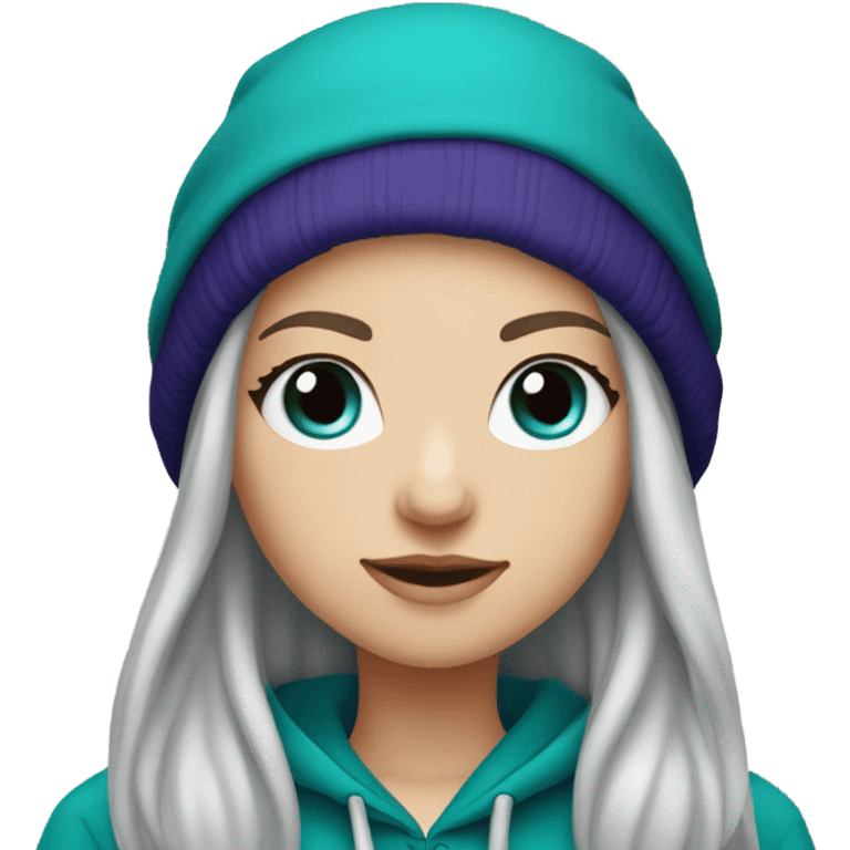 White girl, blue eyes, long teal hair, purple beanie hat, black hoodie emoji