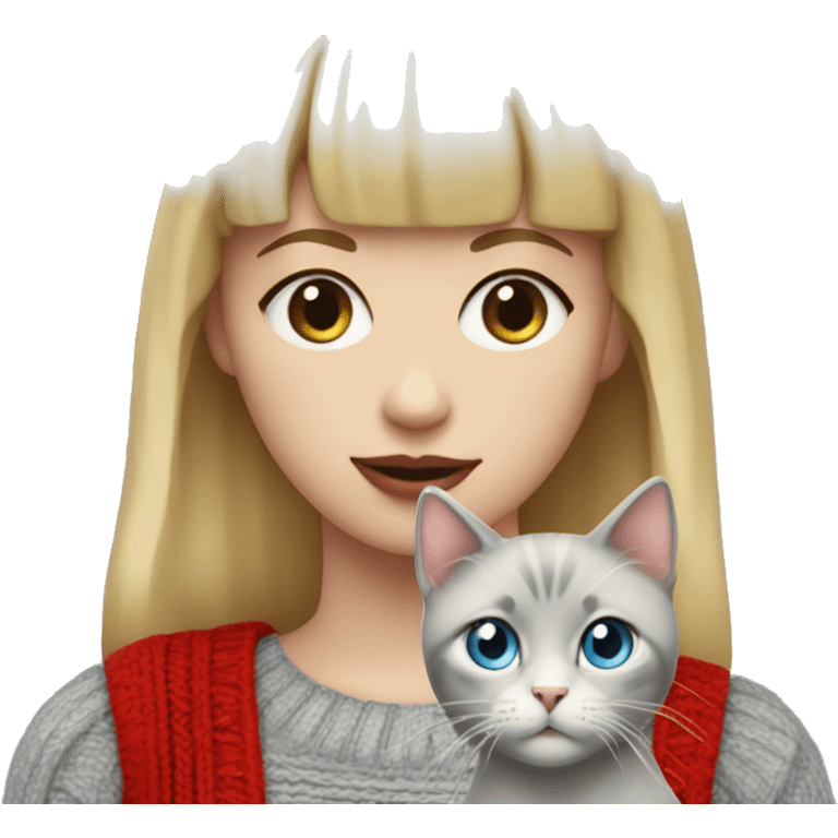 girl with short blonde hair and bangs (a fringe) with blue eyes, long eyelashes and red lipstick in a red cable knit sweater holding a grey cat emoji