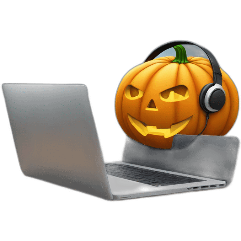 halloween pumpkin in headphones sitting in front of a laptop emoji