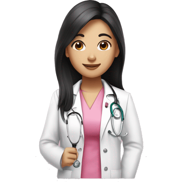 Long black hair female doctor in pink undershirt white coat over pink stethoscope  emoji