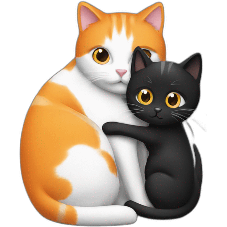 An orange and a black and white cat hugging emoji