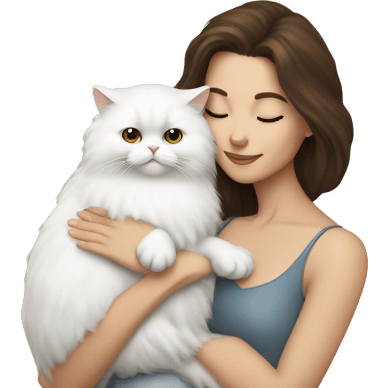 Brunette woman snuggling white Persian cat emoji