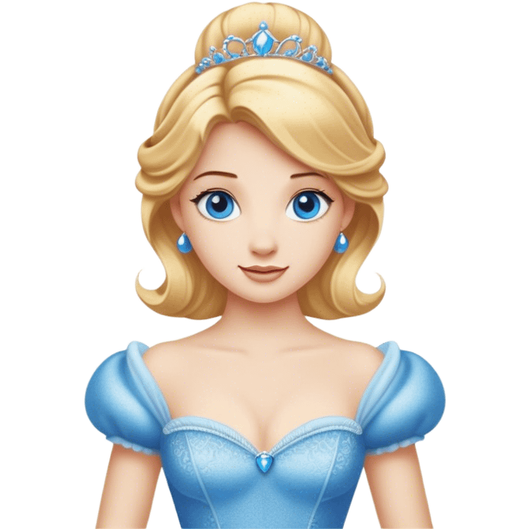 Cinematic Realistic Comical Cinderella Portrait, with every detail rendered realistically—from the soft, smooth texture of her fair skin to her artfully styled golden-blonde hair. Her bright blue eyes are wide with playful disbelief, and her expression carries a touch of whimsical humor while retaining elegant poise. Her classic ball gown, detailed with rich fabric textures and natural shadows, catches the light in a way that blends refined beauty with a hint of cheeky mischief, creating a striking, lifelike portrayal. emoji