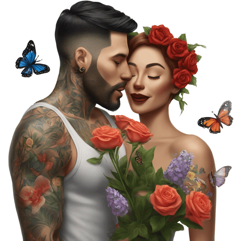 Hyper Realistic beautiful woman being kissed by a handsome tattooed man holding flowers with butterflies  emoji