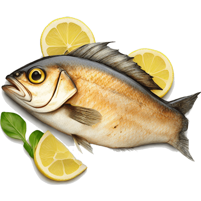 Realistic plated grilled fish on plate with lemon emoji