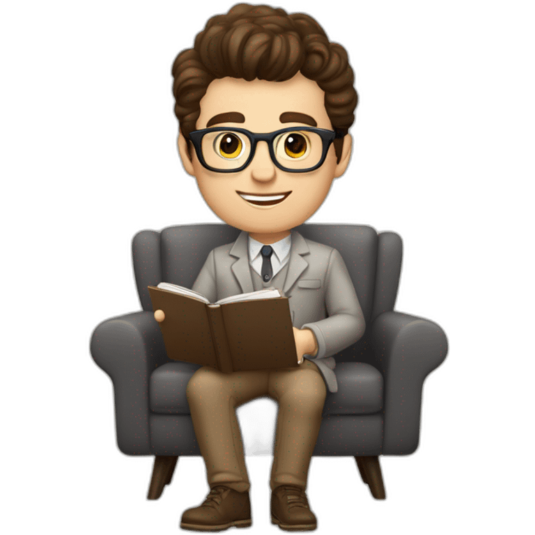 Pale skinned Fit Man With dark brown hair in gray jacket, beige office shirt, Brown pants and vintage glasses sitting In a soft chair with a notebook on spring with emblem Ψ and a pen emoji