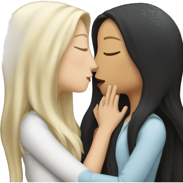 Lesbians with long black hair and white skin kissing passionately emoji