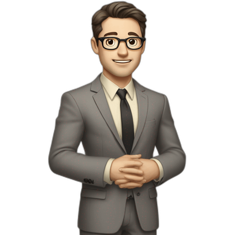 Full height Pale skinned Fit Man With dark brown hair in classic gray suit, beige office shirt, dark gray tie, and vintage glasses. Thrumbs of his palms directed up emoji