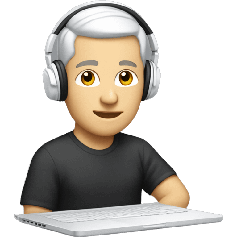 Software engineer (white male, buzz cut hair, with white headphones) in front of laptop, apple-style emoji