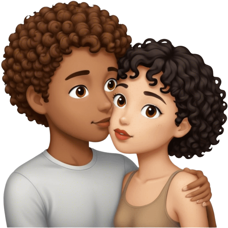 Light skinned girl with brown curly hair kissing brown skinned boy with black short hair  emoji