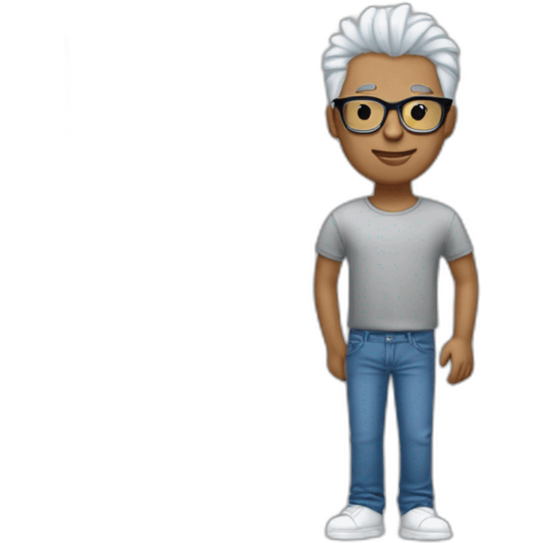 Cool man wear a glasses red and wear a jeans blue and wear a  t shirt white and his hair is silver  emoji