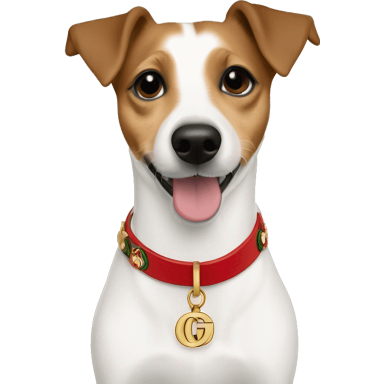 one year old jack russell terrier light brown wearing gucci gold green and red GG emoji