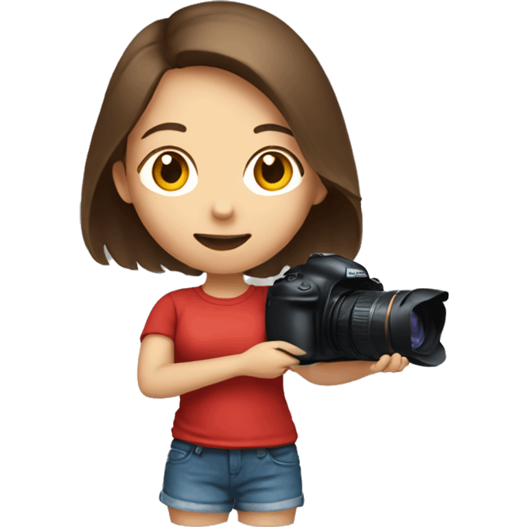 girl with brown hair, in red t-shirt holding camera emoji