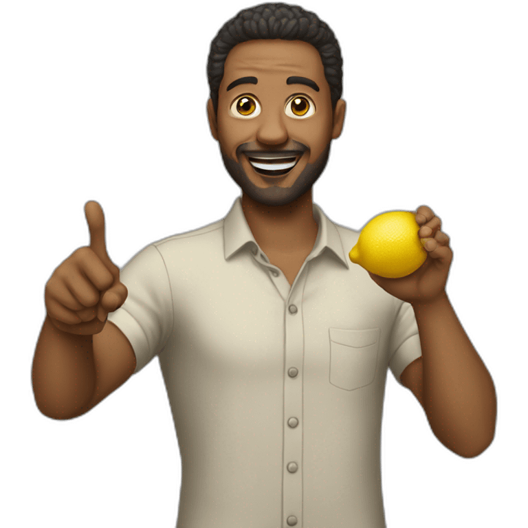 a man pointing with a lemon in his hand without laughing emoji