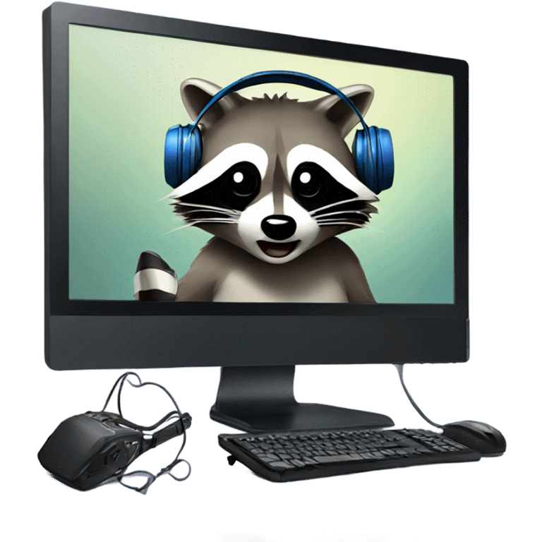 raccoon crying in front of a monitor and pc with gaming headset on emoji