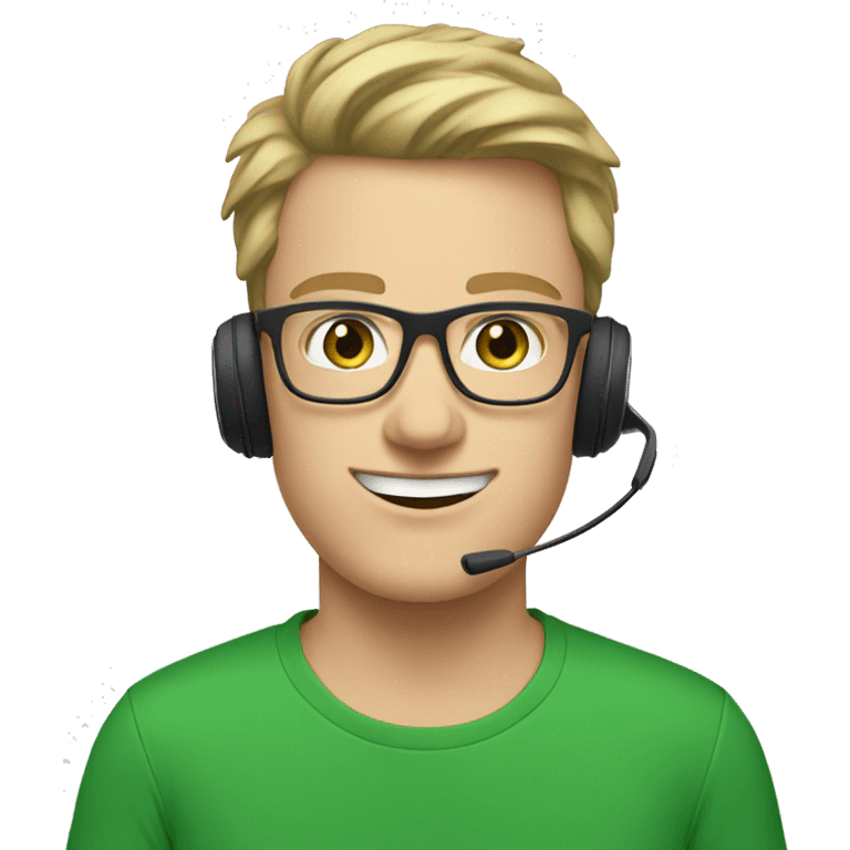 white young man with square glasses and blue eyes wearing green t-shirt with laptop and headset emoji