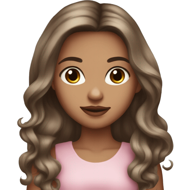 Beautiful tanned girl, long hair, brunette, Brown hair blue eyes, light pink lip color emoji