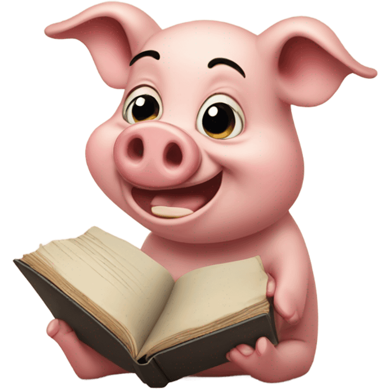 Crying pig with a big smile and eyes that look like and the pig holds a book emoji