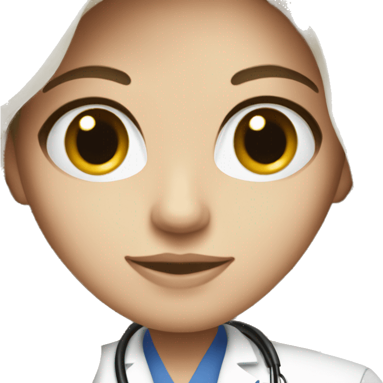 Beautiful white doctor with brunette long hair and black eye color emoji