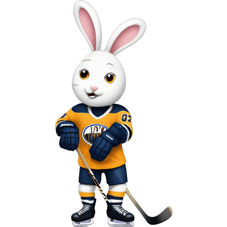 A bunny hugs a hockey player emoji