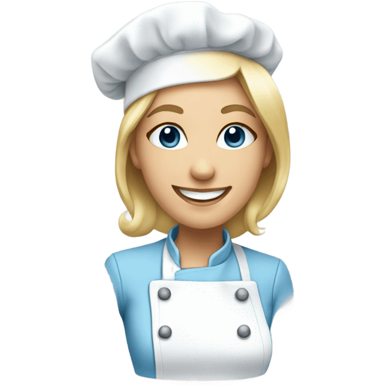 a blonde female chef with a pretty face, smiling, who looks tender but whose uniform contains white and pastel blue tones emoji