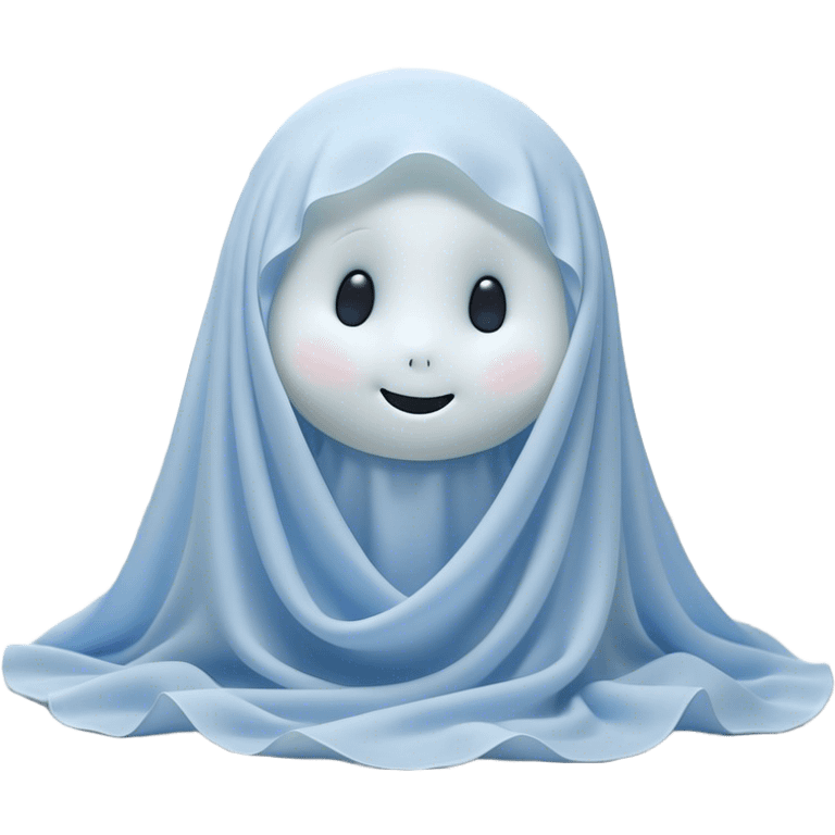 An adorable, peacefully floating sheet-like ghost in gentle pastel whites and blues, its soft, rounded form loosely draped, head resting with closed, serene sparkling eyes and a tiny, contented smile, simplified yet irresistibly charming, highly detailed, with a soft glowing outline that captures the essence of a sleepy, endearing spirit wrapped in cozy slumber! emoji