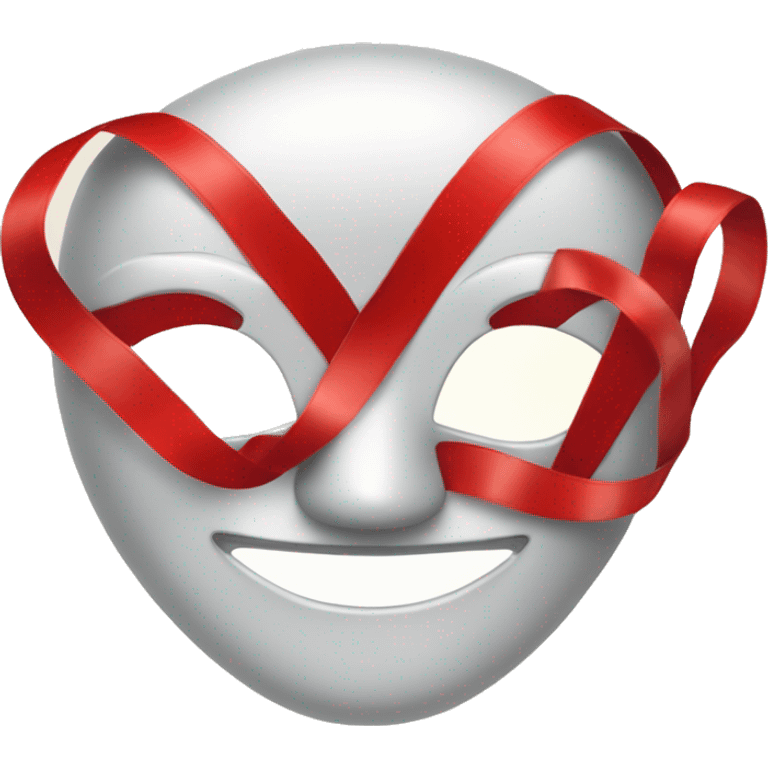 a comedy mask ith a body made of four pieces of red shiny ribbon emoji