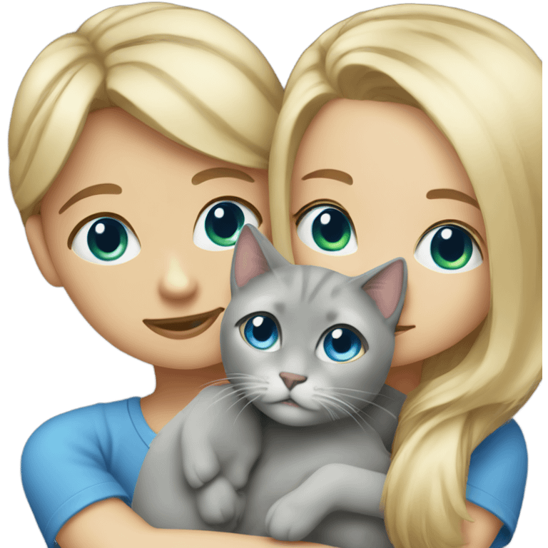 Blonde girl blue eyes hugs grey cat emoji