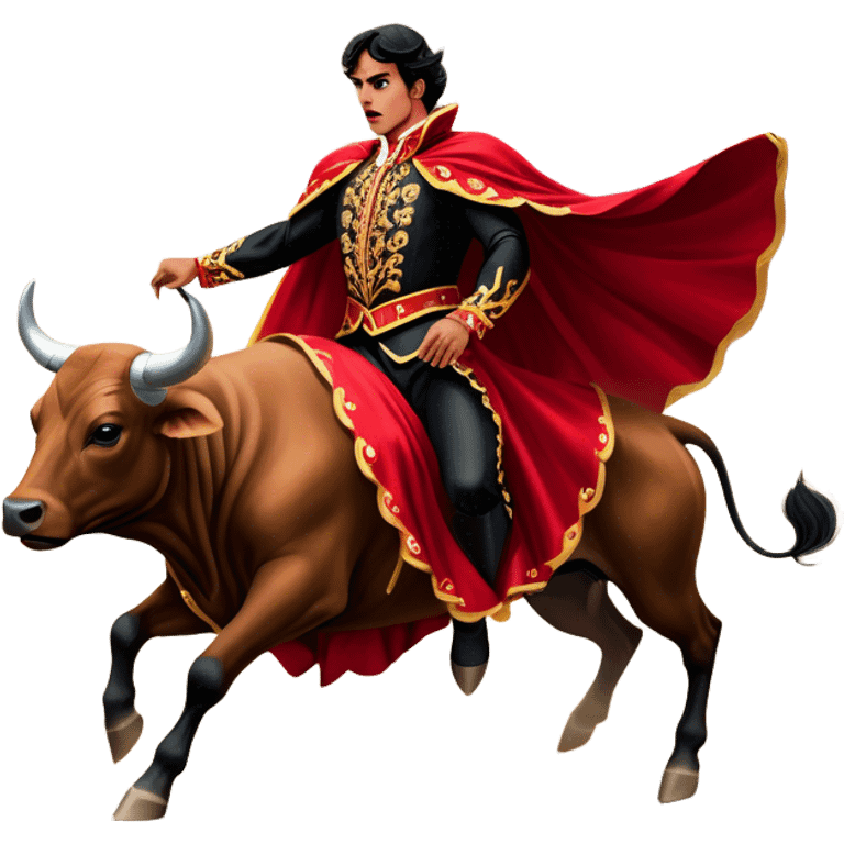 ​Cinematic Realistic Spanish Matador in Action, depicted in an ornate traje de luces with a flowing red cape, captured in the dramatic moment of confronting a charging bull in a traditional bullring, rendered with dynamic motion and dramatic lighting that encapsulates the intensity and artistry of the spectacle, emoji