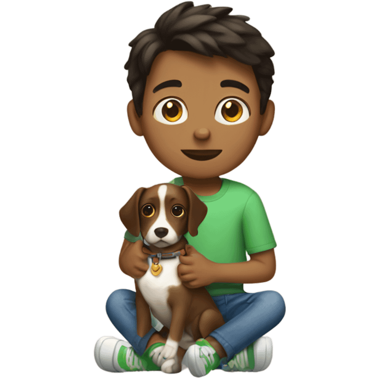 Brunette boy wearing shorts with a dog on its lap emoji