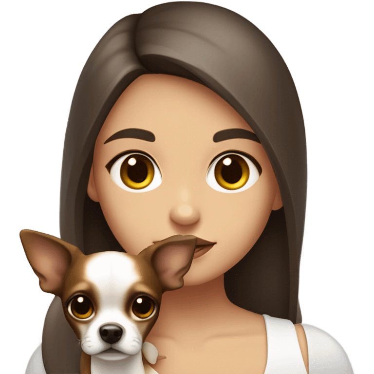 A girl with long brown hair, big dark brown eyes, huge lips wearing a white singlet top, she is holding a chihuahua that only has one colour being yellow emoji