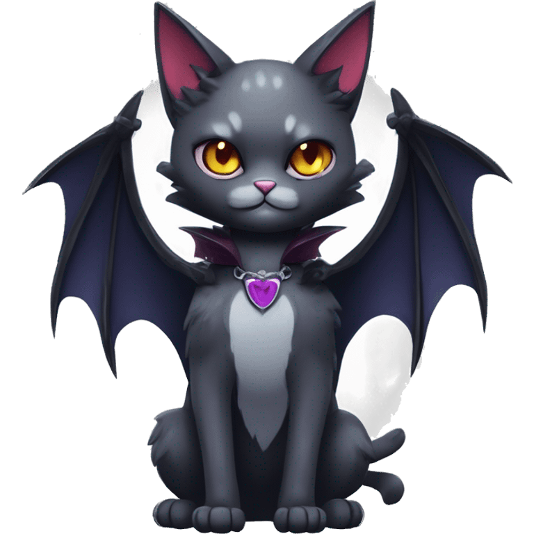  cool edgy kawaii ethereal dark-punk-themed animal vampiric cat-hybrid Fakemon with fangs and bat-wing-ears with a collar full body emoji