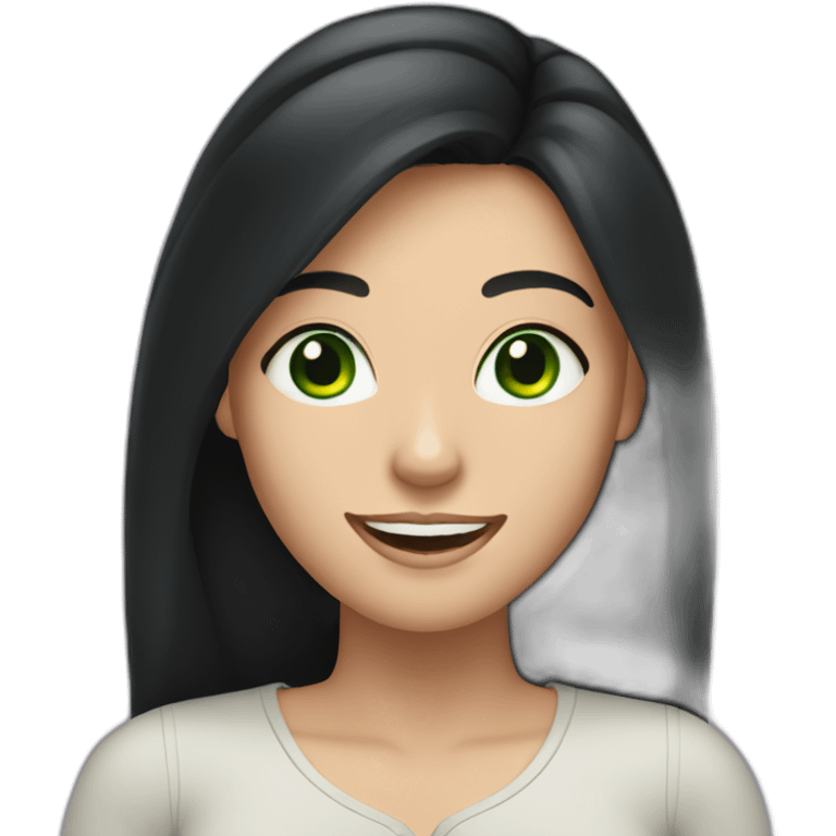 Caucasian woman with long black hair and green eyes cheerful emoji