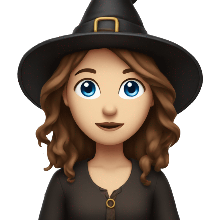 Girl with blue eyes and brown hair and witch hat emoji