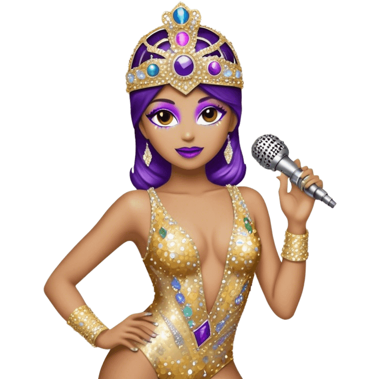 Create a glamorous and vibrant emoji representing stage vocal performance. The design should feature a classic vintage microphone at the center, surrounded by an eye-catching stage costume covered in rhinestones, sparkling brightly. The costume should be stylized, with glittering elements like sequins and sparkles, and reflect the glitzy, extravagant nature of show business. The microphone should have a sleek, retro look with chrome or metallic accents. Use rich, dazzling colors like gold, silver, deep purple, and bright red to evoke the glamorous, larger-than-life feel of a stage performance. The background should be transparent. emoji