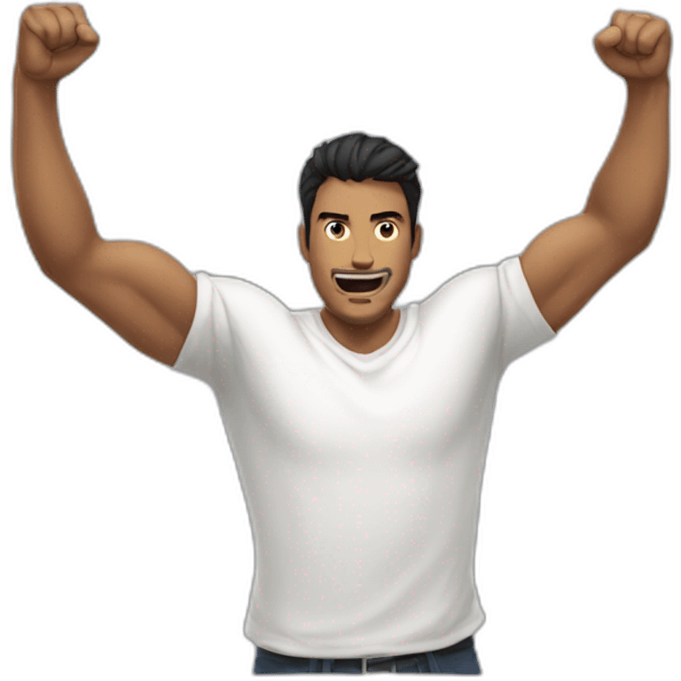 dark haired man in white t-shirt raising fists in victory emoji