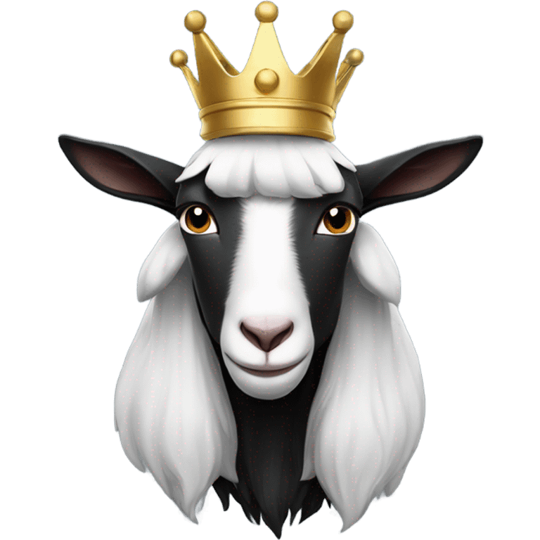 black and white Goat with horns wearing a black hoodie and big royal crown emoji