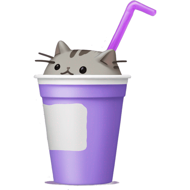 Pusheen drinking purple syrup from styfoam cup emoji