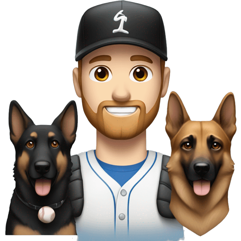 white male with blue eyes, a black beard and a baseball hat alongside a black and brown german shepherd  emoji