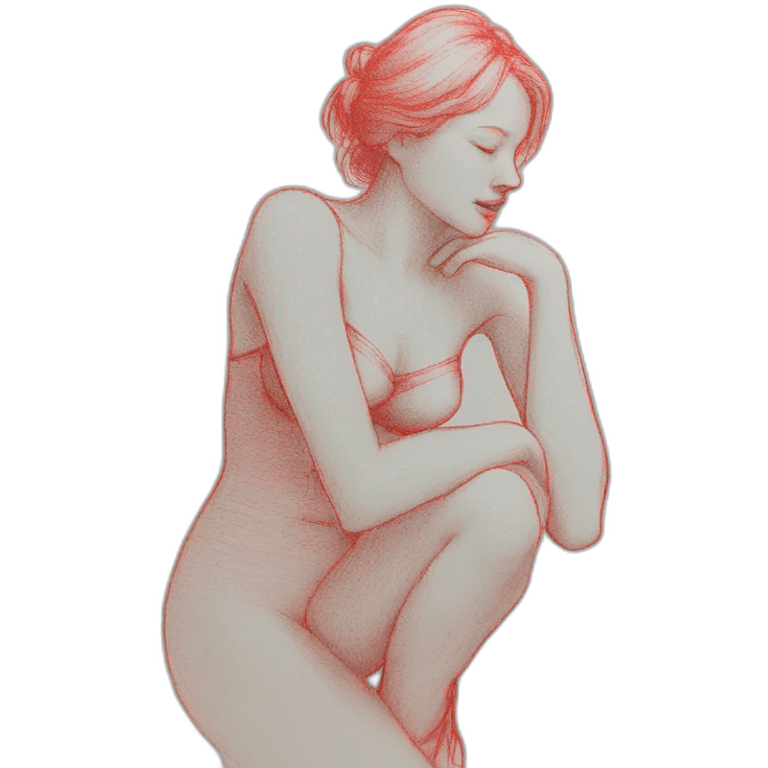 Drawing sketch of woman's figure on paper red crayon emoji