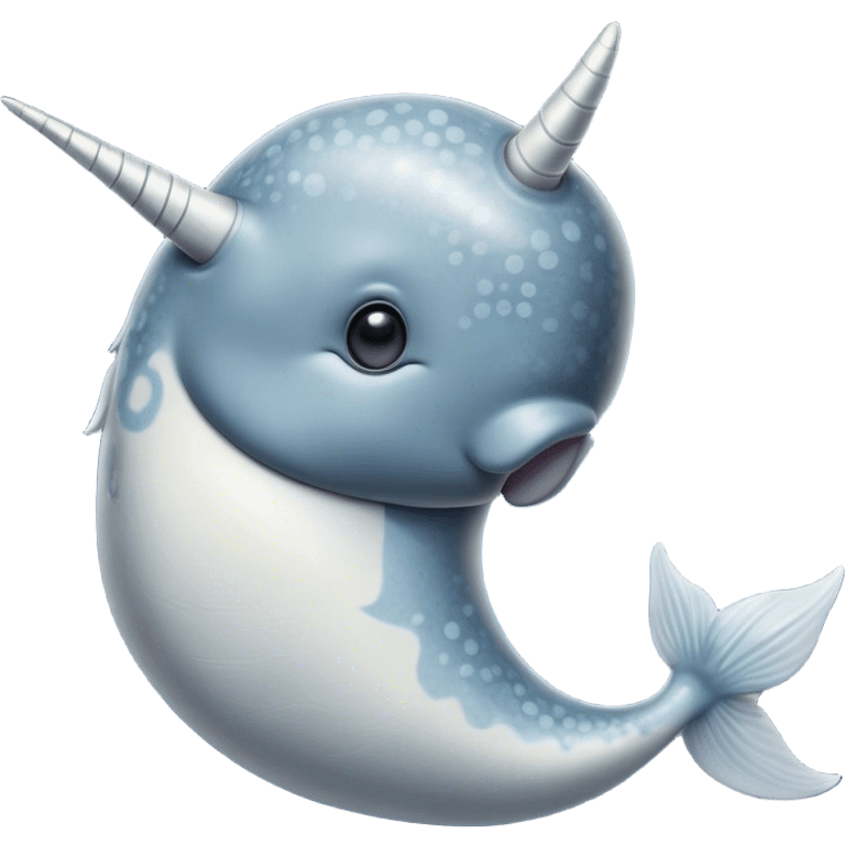 Cinematic Noble Narwhal Portrait Emoji, Poised and majestic, with a robust, streamlined body draped in mottled, silvery-gray skin, featuring a long, spiraled, ivory tusk and deep, thoughtful eyes that exude ancient oceanic wisdom, Simplified yet sharp and sophisticated features, highly detailed, glowing with a soft, ethereal arctic glow, high shine, intelligent and enigmatic, stylized with an air of mythical marine grandeur, focused and graceful, soft glowing outline, capturing the essence of a watchful and confident sea unicorn that appears ready to glide out of the screen with timeless authority! emoji