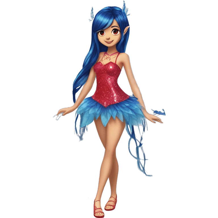 Musa asian adult fairy of music in her enchantix fairy red sparkling two-piece clothing and fairy enchantix wings and long dark blue hair in pigtails from winx club. Lots of sparkles and fairydust. Full body pic and full fairy bliss emoji