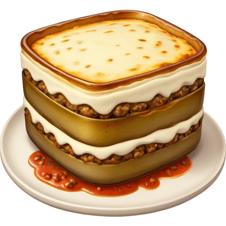 Cinematic Realistic Moussaka Dish Emoji, depicted with layers of eggplant, minced meat, and b√©chamel sauce rendered with rich textures and warm, inviting lighting that captures its Mediterranean flavor. emoji