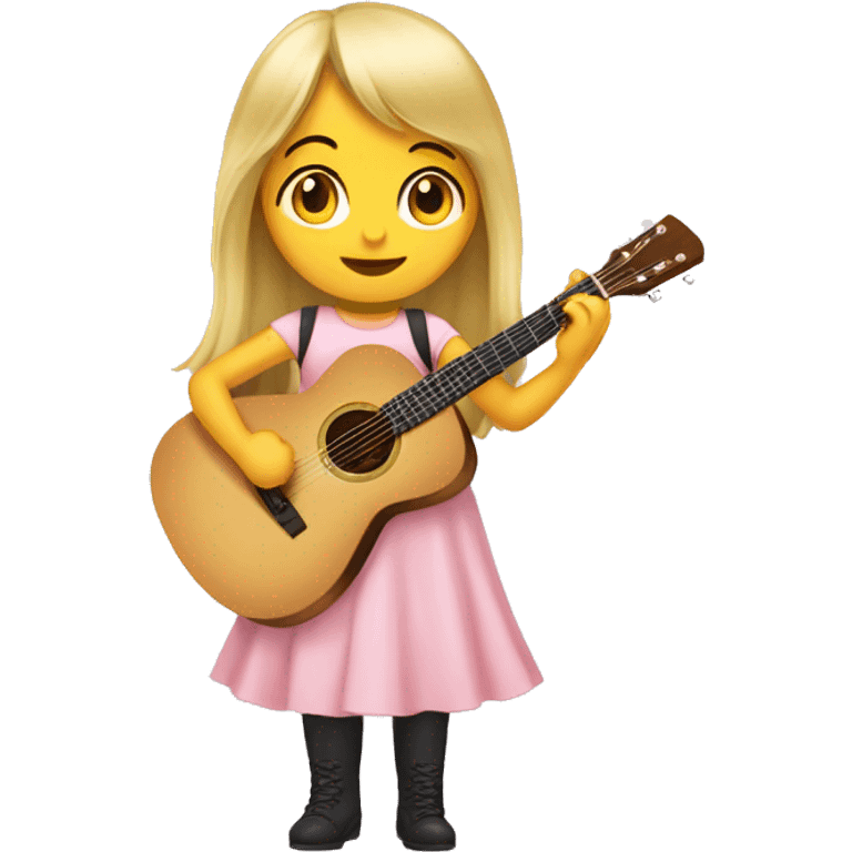 Girl with long blonde hair and bangs, wearing a baby pink long dress, playing acoustic guitar  emoji