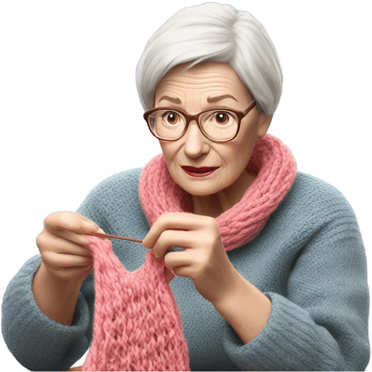 Create a 3d hyper realistic photo of a senior woman knitting  emoji