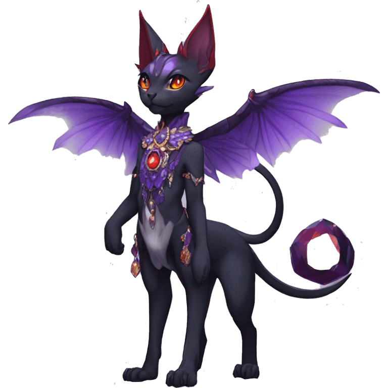 cool kawaii anime edgy distinguished ethereal elegant beautiful fantasy black purple red ethereal fantasy nargacuga-Noivern-sphynx-Quiana-Fakemon collar harness moon gem jewels full body emoji