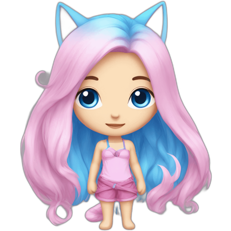 a cute chibi catgirl with blue eyes and long hair. hair on the left side is blue and went into pink. hair on the right side is pink and went into blue emoji